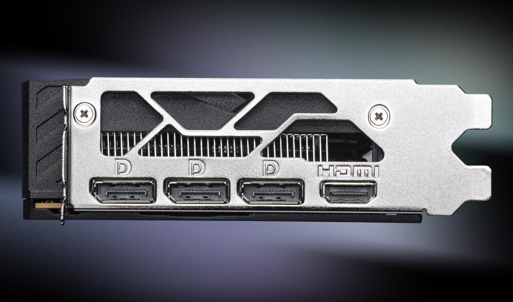 Karta graficzna MSI GeForce RTX 5050 Gaming OC 8GB Metalowy panel złącz z otworami wentylacyjnymi oraz portami DisplayPort i HDMI