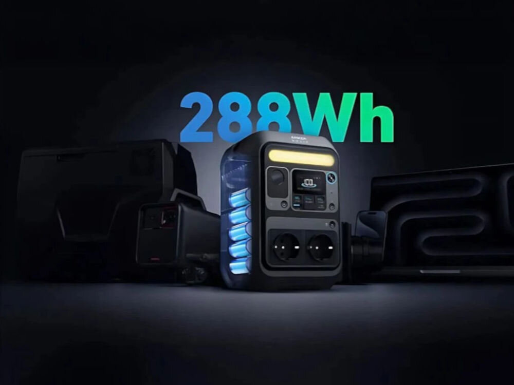 Stacja zasilania ANKER Solix C300X 288 Wh Bank energii + Panel solarny PS60 60W, naładowanie, gniazdko, sieciowe, panel, wejścia, na czarnym tle stacja zasilania z napisem 288wh