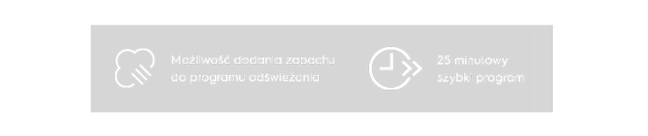 Obraz przedstawia dwa symbole z tekstem: \'Możliwość dodania zapachu do programu odświeżania\' oraz \'25 minutowy szybki program\'.