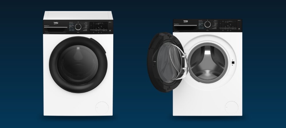 PRALKO-SUSZARKA BEKO bPRO500 BM5DFT6944WP 7.jpg przedstawia dwie szare pralko‑suszarki Beko ustawione obok siebie na granatowym tle. Po lewej stronie urządzenie widoczne jest z zamkniętymi drzwiami, a po prawej z szeroko otwartymi, ukazującymi wnętrze bębna drzwi XL łatwy załadunek wyświetlacz cyfrowy kontrola programów pojemność 9 kg pranie 6 kg suszenie AquaWave® delikatne pranie skuteczne suszenie ochrona tkanin
