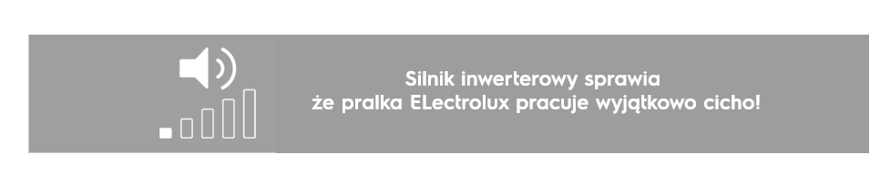 Obraz przedstawia ikonę głośności z czterema poziomami oraz tekst: \'Silnik inwerterowy sprawia że pralka ELECTROLUX pracuje wyjątkowo cicho!\'.