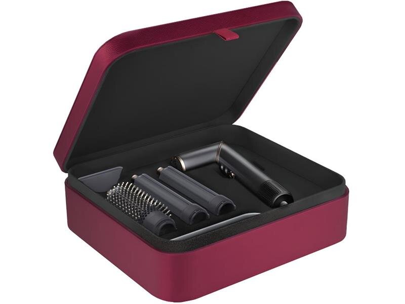 Suszarko-lokówka COSHARE SuperFlow InStyle HS30E 1000 W Szary bordowe etui otwarte w środku urządzenie końcówki do loków szczotka koncentrator białe tło funkcjonalność i elegancki design stylowe etui do przechowywania jakość wykonania estetyka produktów przyjemna zorganizowana codzienna pielęgnacja
