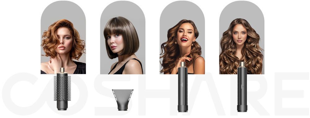 Suszarko-lokówka COSHARE SuperFlow InStyle HS30E 1000 W Szary cztery różne kobiety końcówki krótkie włosy długie włosy loki fale proste włosy 4 w 1 cztery różnorodne nasadki okrągła szczotka dodanie objętości koncentrator precyzyjne suszenie dwie automatyczne końcówki do loków prawa i lewa pełna swoboda w kształtowaniu fryzury intuicyjna stylizacja włosów