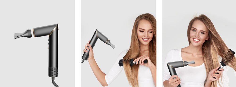 Suszarko-lokówka COSHARE SuperFlow InStyle HS30E 1000 W Szary suszarka z koncentratorem kobieta susząca włosy suszenie i czesanie włosów uśmiechnięta kobieta jasne tło końcówka koncentratora skupienie strumienia powietrza na wybranych partiach włosów suszenie i stylizacja do wygładzania niesfornych pasm uzyskanie efektu prostych włosów szybsze wysuszenie poszczególnych sekcji