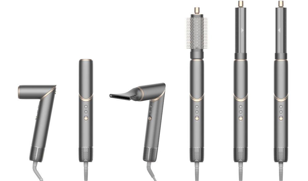 Suszarko-lokówka COSHARE SuperFlow InStyle HS30E 1000 W Szary szara suszarka złożona z końcówkami końcówki do loków okrągła szczotka przyciski białe tło funkcja zimnego powietrza aktywowanie chłodnego nawiewu zamknięcie łusek włosów przedłużenie trwałości fryzury optymalny wygląd przez cały dzień świeży i efektywny wygląd fryzury