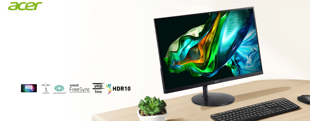 Monitor ACER SA322QUEBMIPX 31.5 cala 2560x1440px IPS 100Hz 1 [VRB] prezentacja monitora na biurku przed klawiatura z myszką obok roślinka w doniczce jasne tło