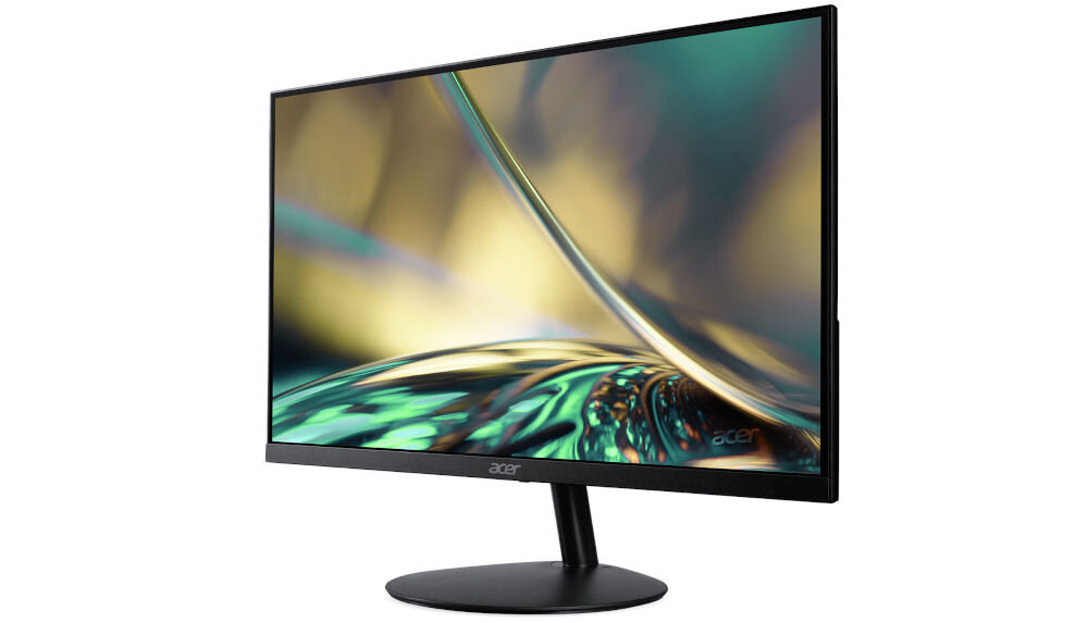 Monitor ACER SA322QUEBMIPX 31.5 cala 2560x1440px IPS 100Hz 1 [VRB] prezentacja monitora od przodu pod kątem na białym tle Acer Flicker-Free z jednolitym podświetleniem ekranu eliminacja zjawiska migotania obrazu komfort patrzenia