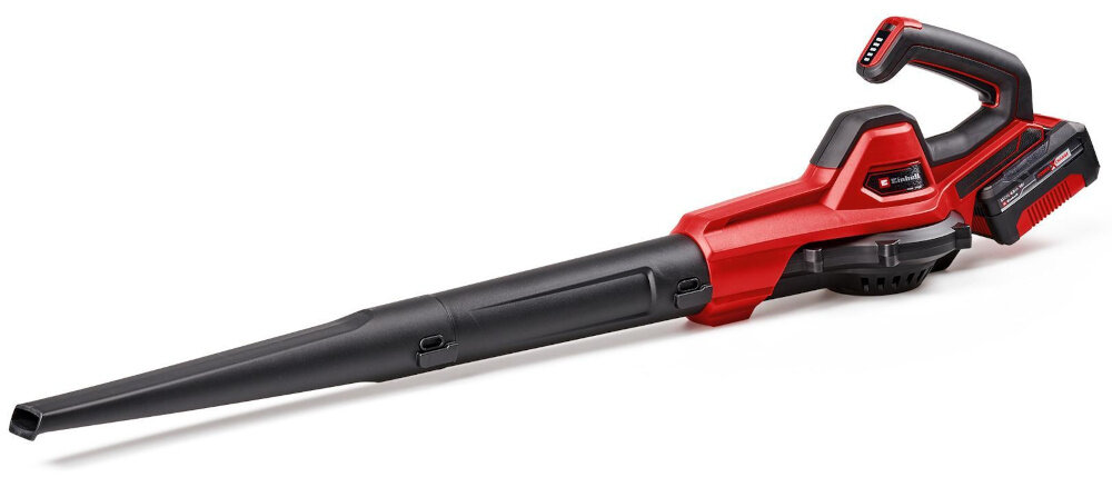 Dmuchawa do liści akumulatorowa EINHELL GE-UB 18-250 Li E Aku 4.0Ah 3433560 dmuchawa na białym tle do szybkiego i wygodnego oczyszczania liści gałęzi i drobnych odpadów ogrodowych lekka konstrukcja ergonomiczny uchwyt mocny strumień powietrza do zastosowania w przydomowym ogrodzie na większych posesjach