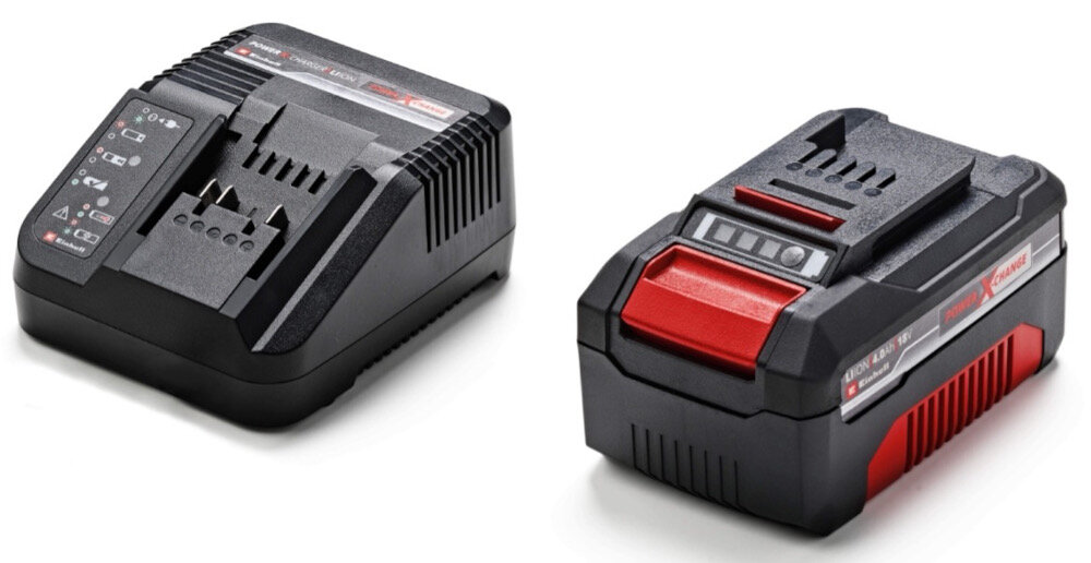 Dmuchawa do liści akumulatorowa EINHELL GE-UB 18-250 Li E Aku 4.0Ah 3433560 akumulator i ładowarka na białym tle rodzina Power X-Change współpracuje z akumulatorami 18 V możliwość zastosowania w innych urządzeniach EINHELL mocny akumulator o pojemności 4,0 Ah szybka ładowarka