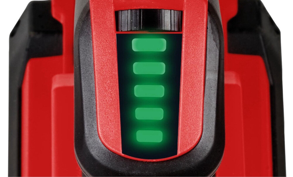 Dmuchawa do liści akumulatorowa EINHELL GE-UB 18-250 Li E Aku 4.0Ah 3433560 zbliżenie na wyświetlacz wyświetlacz podświetlony na zielono wyświetlacz LED natychmiastowe monitorowanie ustawionej prędkości bardzo intuicyjna obsługa