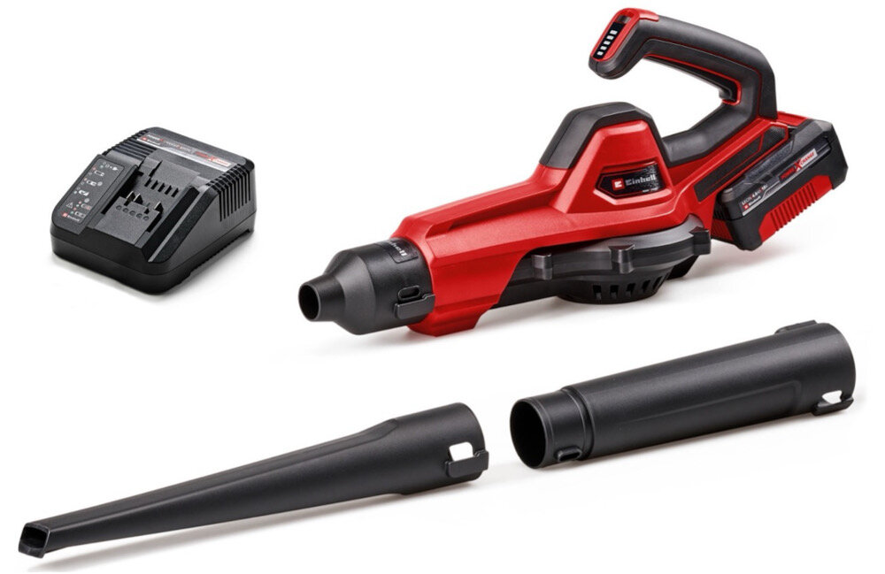 Dmuchawa do liści akumulatorowa EINHELL GE-UB 18-250 Li E Aku 4.0Ah 3433560 zestaw na białym tle w zestawie dmuchawa 3-częściowa dysza akumulator ładowarka dokumentacja