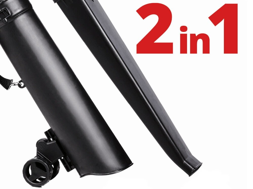 Odkurzacz do liści elektryczny EINHELL GC-EL 3000 E 3433320 zbliżenie na rury napis 2 in 1 funkcja dmuchawy odkurzacza i rozdrabniacza wszechstronne zastosowanie wąska rura wydmuchowa strumień powietrza o prędkości do 300 km/h szeroka rura ssąca o wydajności do 840 m³/h