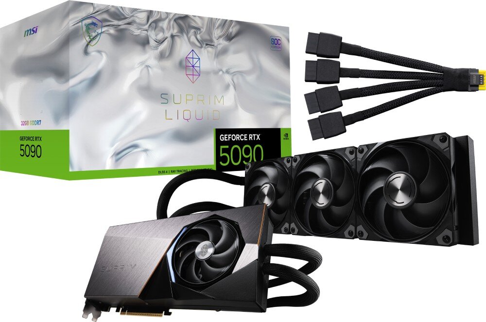 Karta graficzna MSI GeForce RTX 5090 Suprim Liquid SOC 32GB Zestaw sprzedażowy z kartą graficzną, chłodnicą z trzema wentylatorami, rozdzielaczem zasilania i opakowaniem, na białym tle