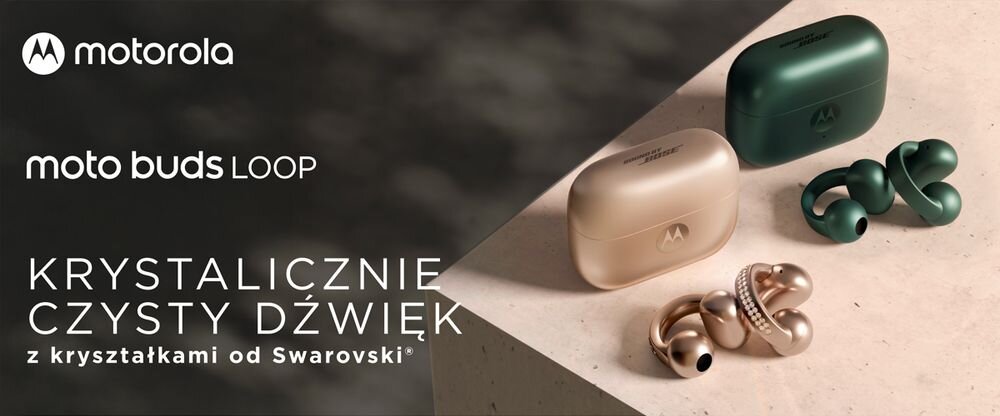 Motorola Moto Buds Loop eleganckie open-ear kryształki Swarovski lekka konstrukcja komfort, słuchawki z etui ładującym w dwóch wersjach kolorystycznych stojące na postumencie