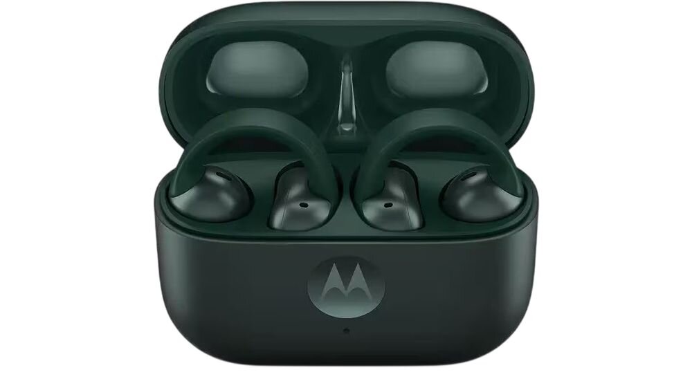 Motorola Moto Buds Loop open-ear lekka konstrukcja kryształki Swarovski wygoda komfort, słuchawki z etui ładującym od frontu na białym tle