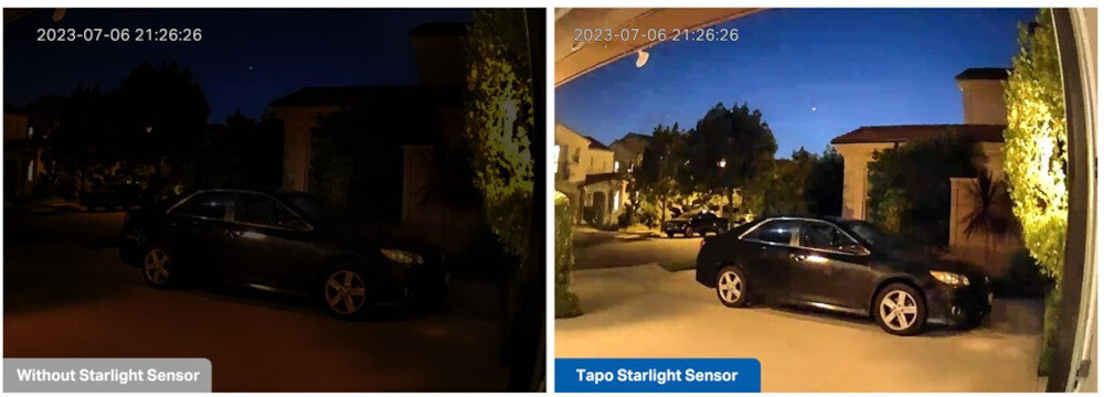 Obraz przedstawia porównanie dwóch zdjęć tej samej sceny nocnej z samochodem na podjeździe. Po lewej stronie widnieje napis \'Without Starlight Sensor\', a po prawej \'Tapo Starlight Sensor\', z wyraźniejszym oświetleniem i szczegółami.
