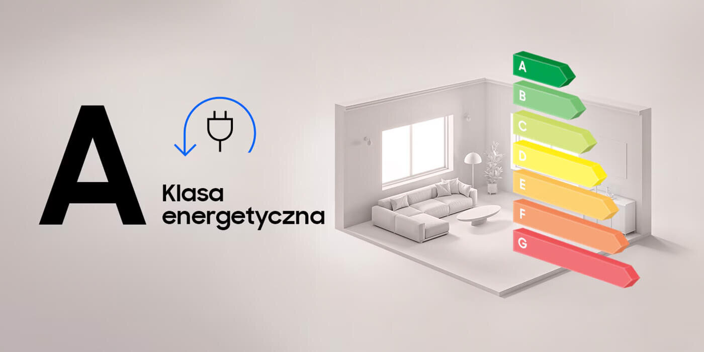 Obraz przedstawia literę \'A\' z napisem \'Klasa energetyczna\' oraz ikoną wtyczki. Obok znajduje się wizualizacja pokoju i kolorowa skala efektywności energetycznej od A do G.