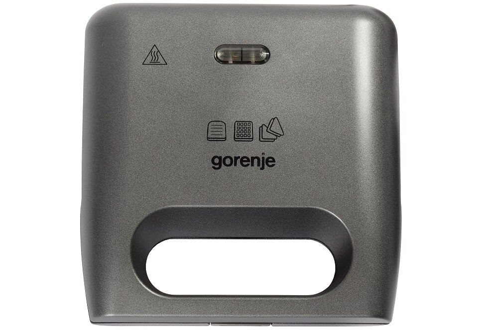 Szary opiekacz z logo \'gorenje\' na froncie, posiadający wskaźnik świetlny oraz symbole wskazujące na różne funkcje urządzenia.