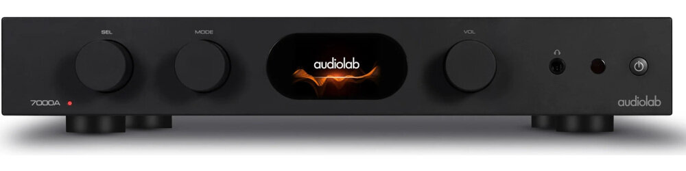 Audiolab 7000A Bluetooth aptX aptX LL HDMI ARC wygodne połączenie z telefonem i telewizorem, wzmacniacz od frontu na białym tle