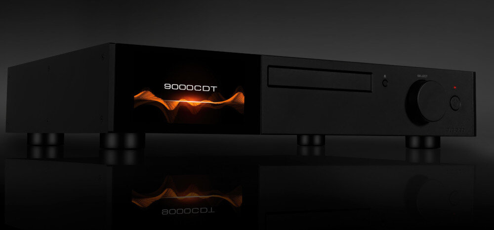 AUDIOLAB 9000CDT precyzyjne odtwarzanie płyt CD wysokiej jakości, Odtwarzacz CD po skosie na czarnym tle