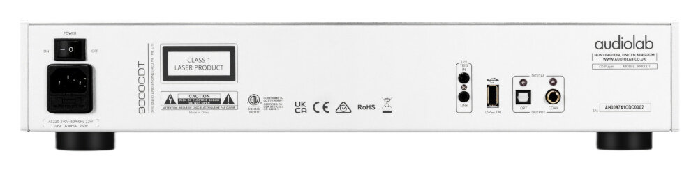 AUDIOLAB 9000CDT solidna konstrukcja aluminiowa waga wymiary stabilność, Odtwarzacz CD od tyłu na białym tle