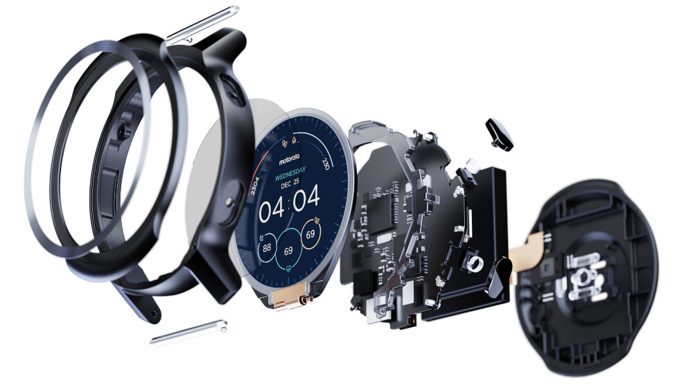 Smartwatch MOTOROLA Moto Watch 100 Czarny ekran bateria czujniki zdrowie sport pasek ładowanie pojemność rozdzielczość łączność sterowanie krew puls rozmowy smartfon aplikacja