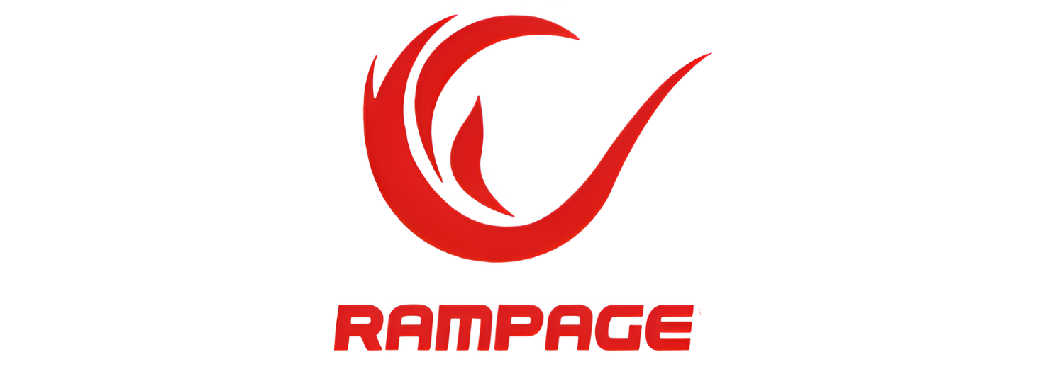 Logo w kolorze czerwonym z dynamicznym kształtem przypominającym płomień oraz napisem \'RAMPAGE\' poniżej.