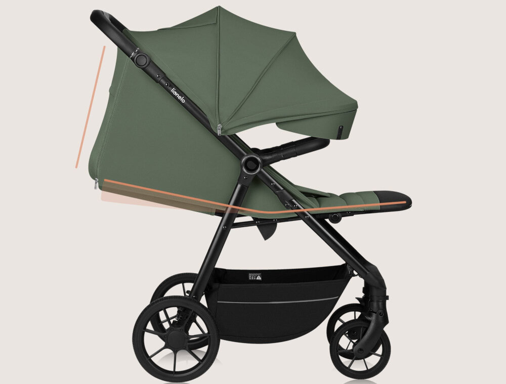 Wózek spacerowy LIONELO Iva Zielony Dopasowanie do potrzeb dziecka Regulowane oparcie możliwości rozłożenie pozycja leżąca osiem ustawień podnóżka drzemka będzie komfortowa i bezpieczna