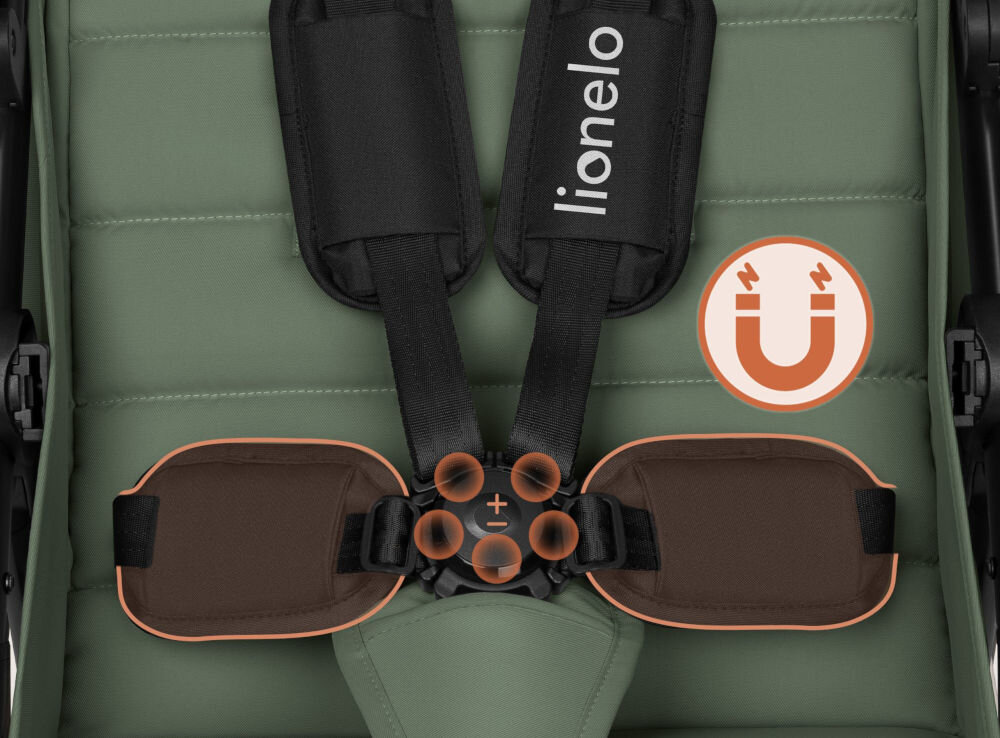 Wózek spacerowy LIONELO Iva Zielony Bezpieczeństwo bez kompromisów Magnetyczna klamra miękkie nakładki 5-punktowe zabezpieczające