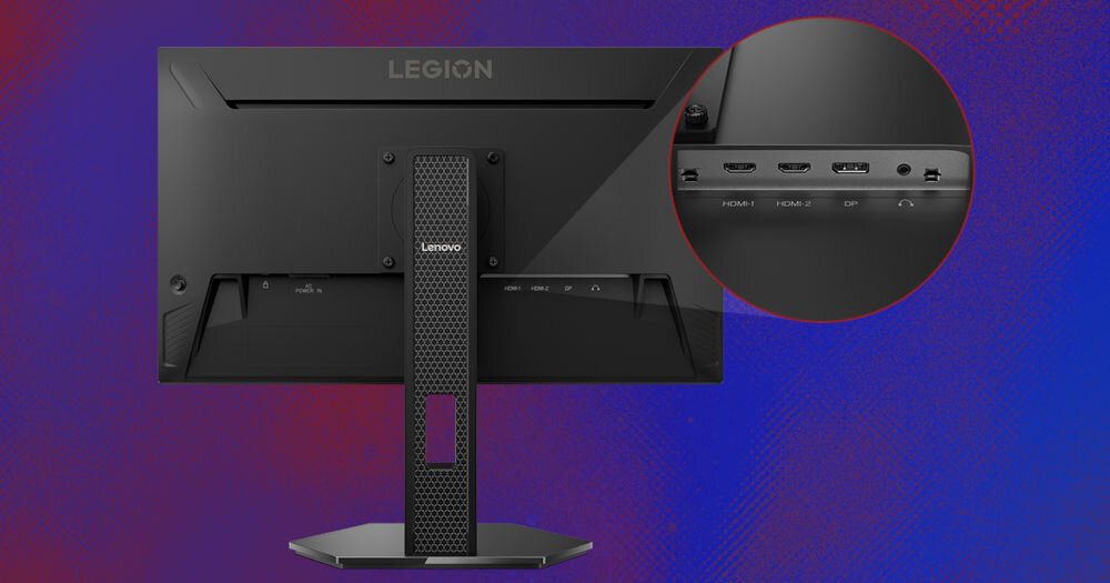 Monitor LENOVO Legion 25-10 24.5 cala 1920x1080px IPS 320Hz 0.5 [MPRT] prezentacja monitora zbliżenie na jego złącza na fioletowym tle z gradientem
					różne złącza wygoda elastyczność