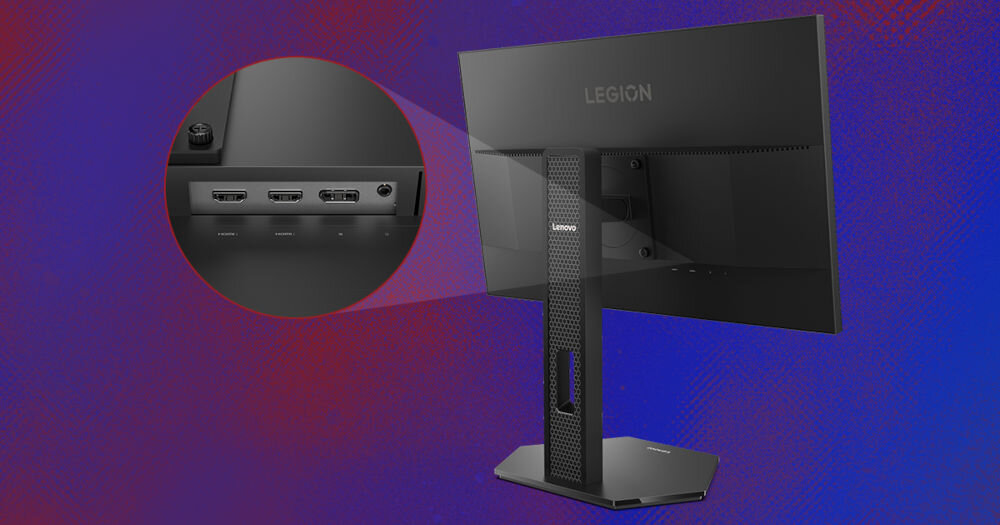 Monitor LENOVO Legion 27-10 27 cali 1920x1080px IPS 240Hz 0.5 [MPRT] prezentacja monitora zbliżenie na jego złącza na fioletowym tle z gradientem
					różne złącza wygoda elastyczność