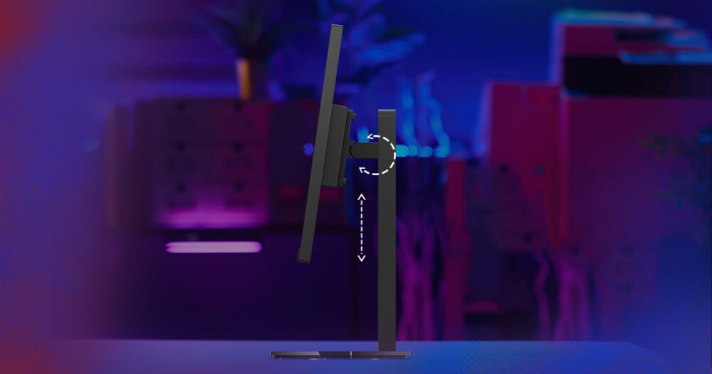 Monitor LENOVO Legion 27-10 27 cali 1920x1080px IPS 240Hz 0.5 [MPRT] prezentacja monitora od boku na w tle rozmazany pokój kolorowa poświata pokazanie strzałkami możliwości regulacji szeroki zakres regulacji pivot slot Kensington Lock