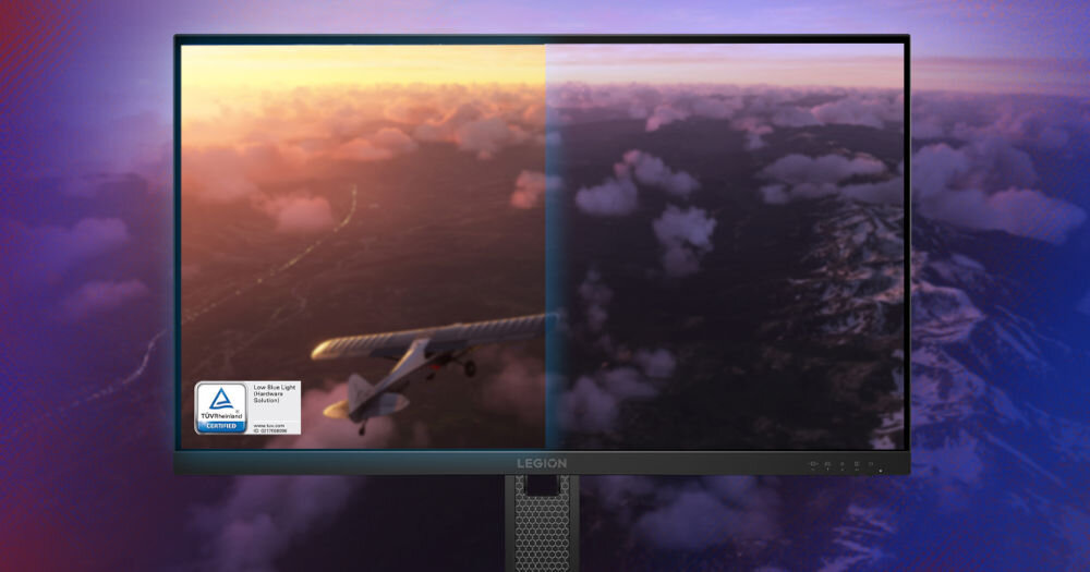 Monitor LENOVO Legion 27-10 27 cali 1920x1080px IPS 240Hz 0.5 [MPRT] prezentacja działania funkcji Low Blue Light podczas grania w grę certyfikat EyeSafe 2.0 od TÜV Rheinland redukcja emisji szkodliwego niebieskiego światła żywe kolory