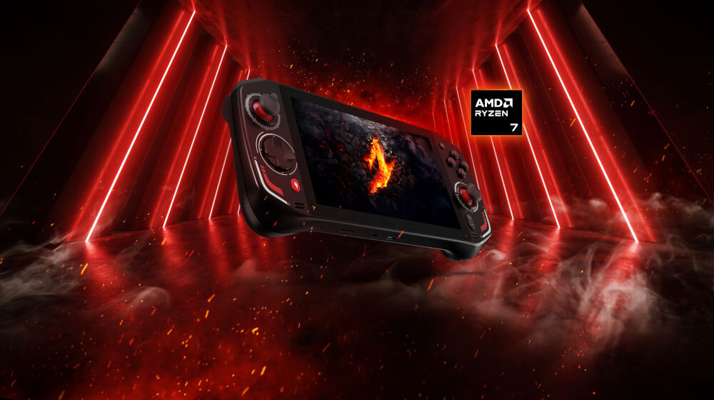 Konsola ACER Nitro Blaze 7 Czarny prezentacja konsoli pod kątem na tle tunelu z czerwonymi ledami ikona AMD Ryzen 7 procesor moc obliczeniowa AI płynne działanie urządzenia grafika wielozadaniowość