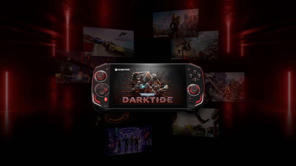Konsola ACER Nitro Blaze 7 Czarny prezentacja konsoli na czarno-czerwonym tle z lewitującymi obrazami gier dysk pojemność wysoka wydajność
