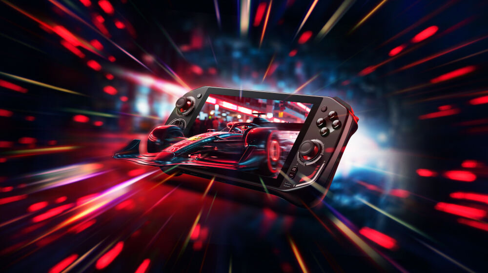Konsola ACER Nitro Blaze 7 Czarny prezentacja konsoli wychodzący bolid formuły z ekranu kolorowe tło z wizualizacją prędkości pamięć RAM taktowanie multitasking działanie wielu aplikacji jednocześnie