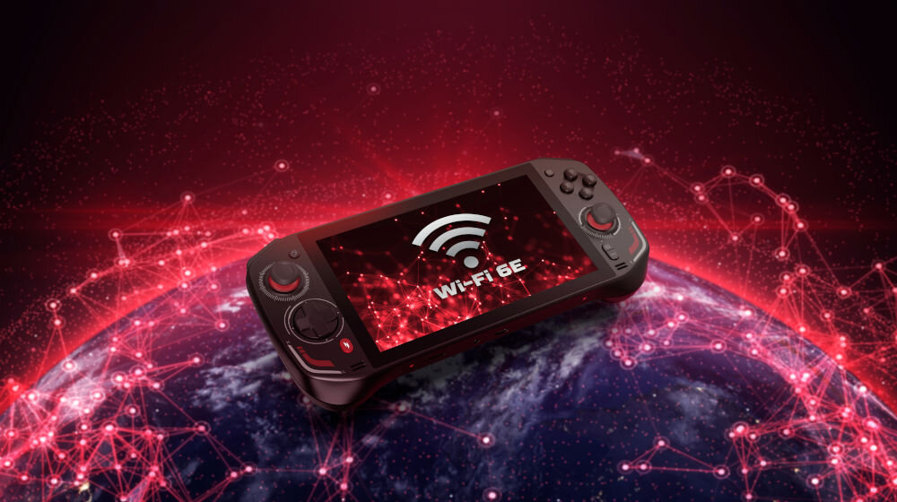 Konsola ACER Nitro Blaze 7 Czarny prezentacja konsoli w tle kula ziemska i czerwone cyfrowe połączenia na ekranie napis i ikona Wi-Fi 6E stabilne połączenie HD bez zakłóceń