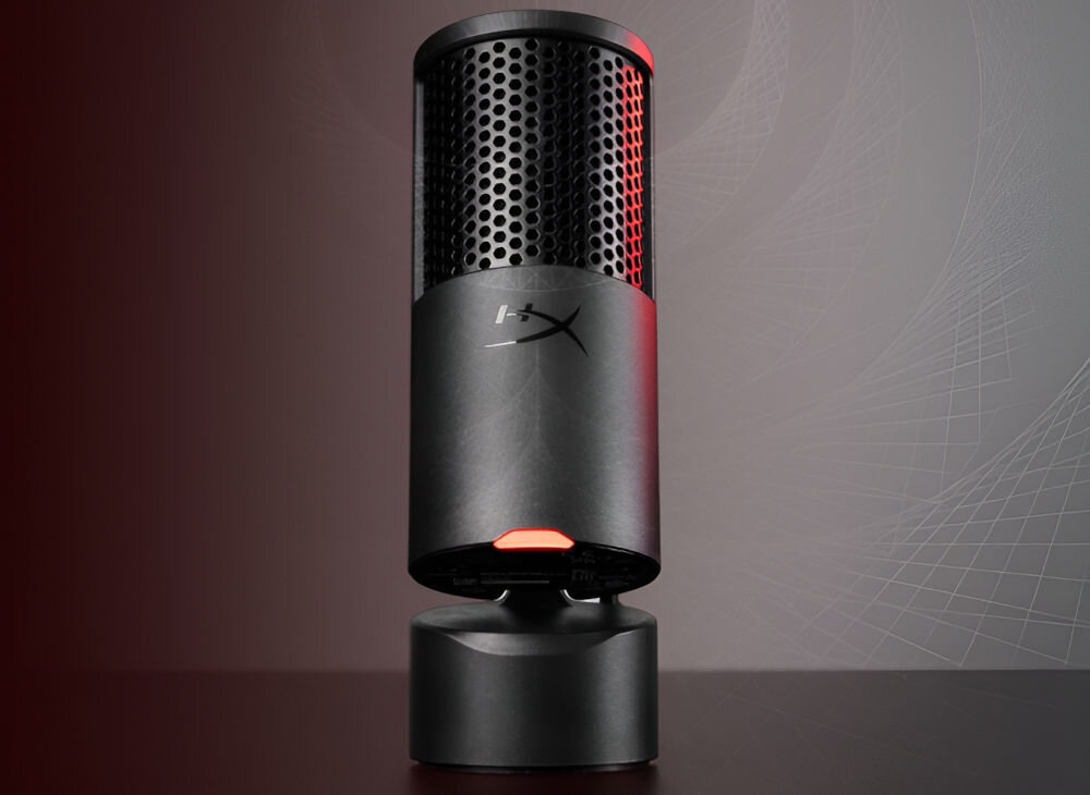 Mikrofon HYPERX SoloCast 2 Kardioidalny Czarny mikrofon HyperX SoloCast 2 i efekt graficzny ilustrujący dźwięk kardioidalna charakterystyka wyraźny głos bez zakłóceń