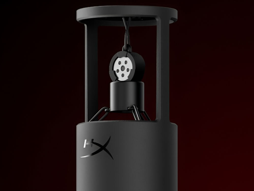 Mikrofon HYPERX SoloCast 2 Kardioidalny Zbliżenie na system zawieszenia w mikrofonie HyperX SoloCast 2 system zawieszania uchwyt antywstrząsowy tłumienie drgań stabilny dźwięk