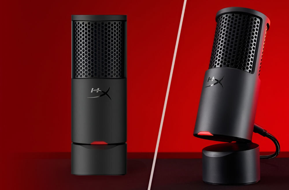 Mikrofon HYPERX SoloCast 2 Kardioidalny Mikrofon HyperX SoloCast 2 – widok od przodu i z profilu dla ukazania regulacji kąta nachylenia solidna dociążona podstawa komfortowa pozycja