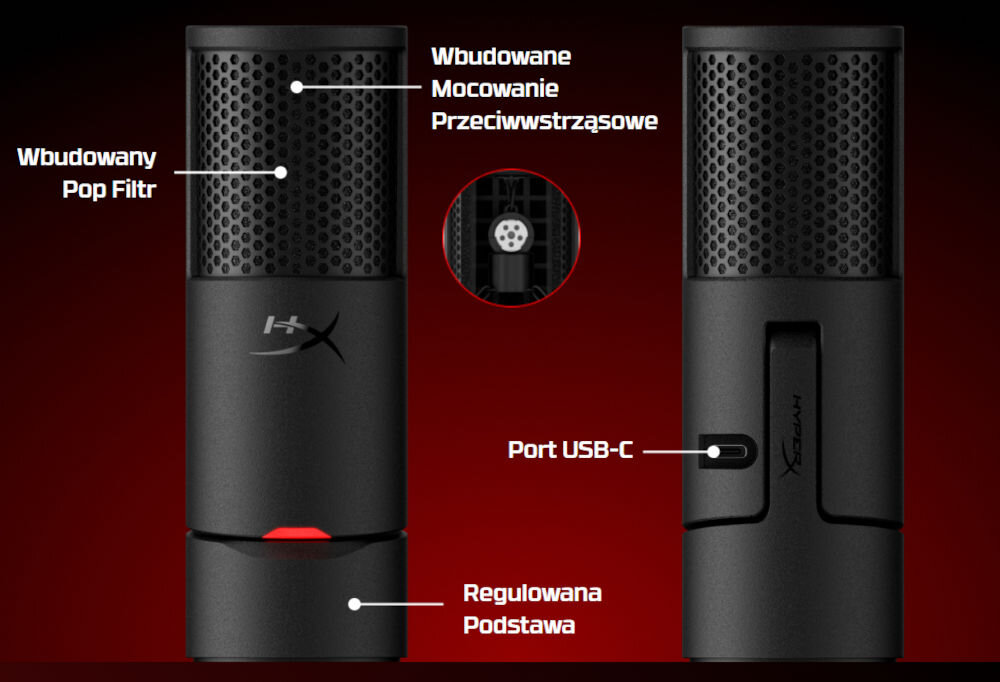 Mikrofon HYPERX SoloCast 2 Kardioidalny Mikrofon HyperX SoloCast 2 z opisanymi elementami konstrukcji – pop filtrem, mocowaniem przeciwwstrząsowym, portem USB-C i regulowaną podstawą na czerwonym tle czysty dźwięk wygoda pop filtr redukcja podmuchów powietrza mocowanie przeciwwstrząsowe tłumienie wibracji port USB-C stabilne połączenie regulowana podstawa dopasowanie pozycji do stanowiska