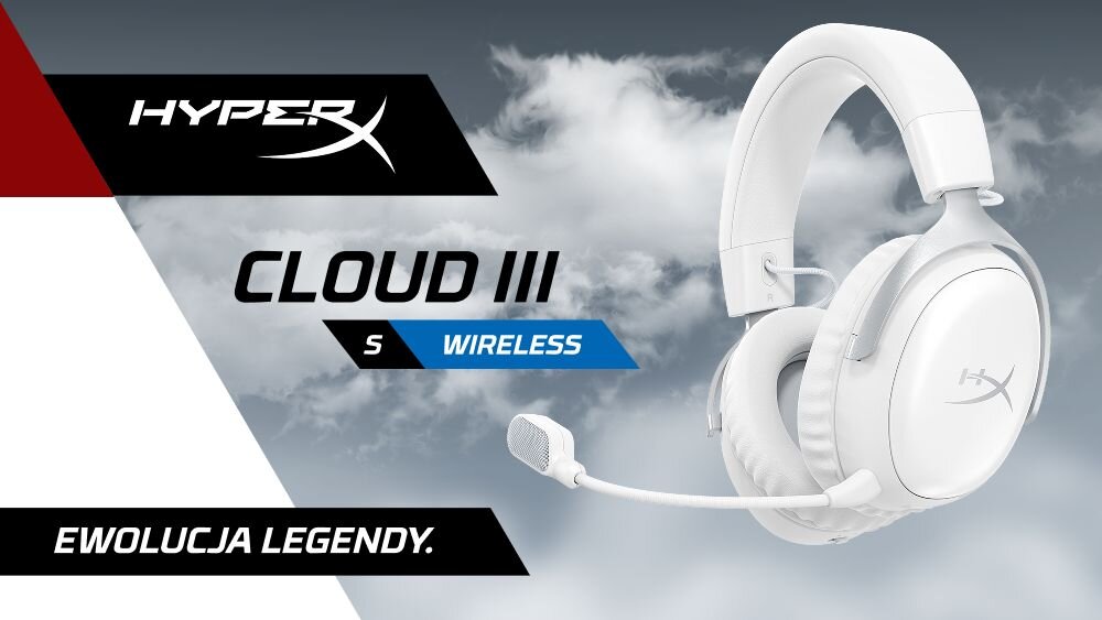 HYPERX Cloud III S Wireless słuchawki bezprzewodowe, łączność 2,4 GHz i Bluetooth, gaming, słuchawki po skosie na tle nieba