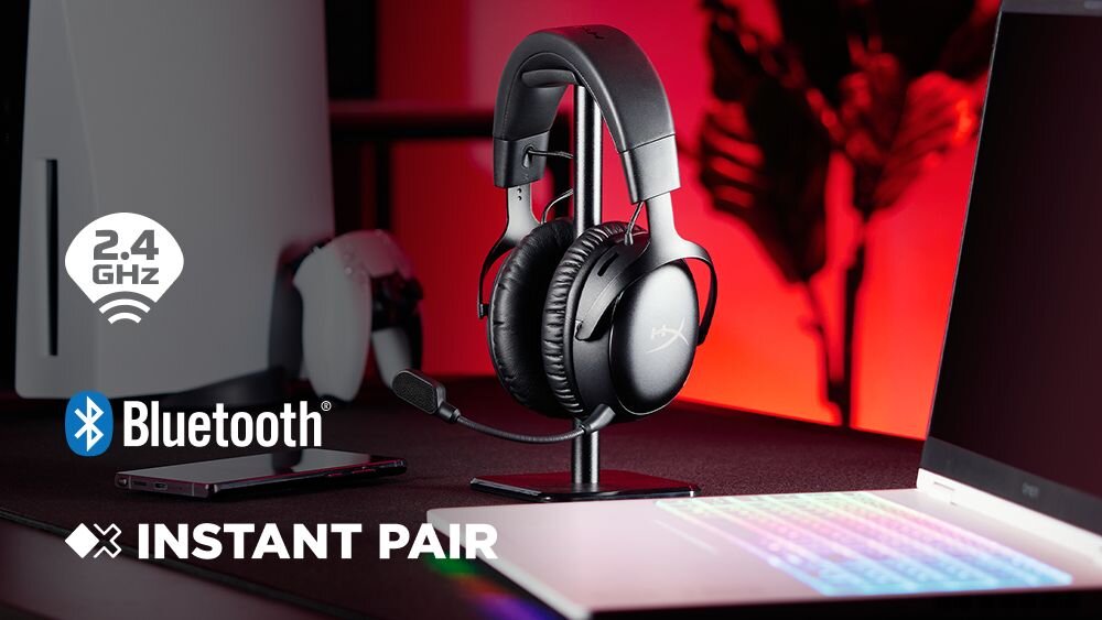 HYPERX Cloud III S Wireless słuchawki gamingowe, łączność 2,4 GHz, Bluetooth, Instant Pair, laptopy OMEN, słuchawki zawiesozne na stojaku