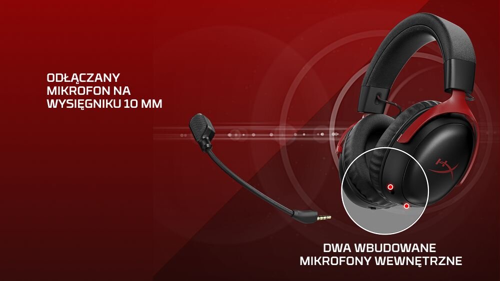 HYPERX Cloud III S Wireless słuchawki gamingowe, odłączany mikrofon 10 mm, filtr z siateczki, LED wyciszenia, słuchawki po skosie na czerwonym tle