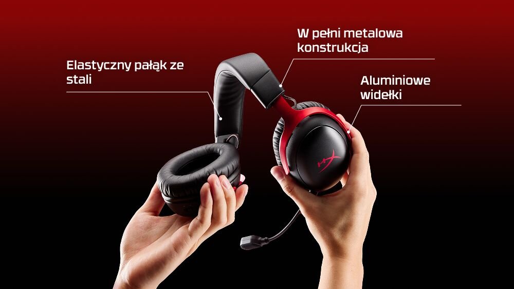 HYPERX Cloud III S Wireless słuchawki gamingowe, aluminiowy pałąk, elastyczna konstrukcja, transport, intensywne użytkowanie, słuchawki trzymane w rękach na czarno czerwonym tle