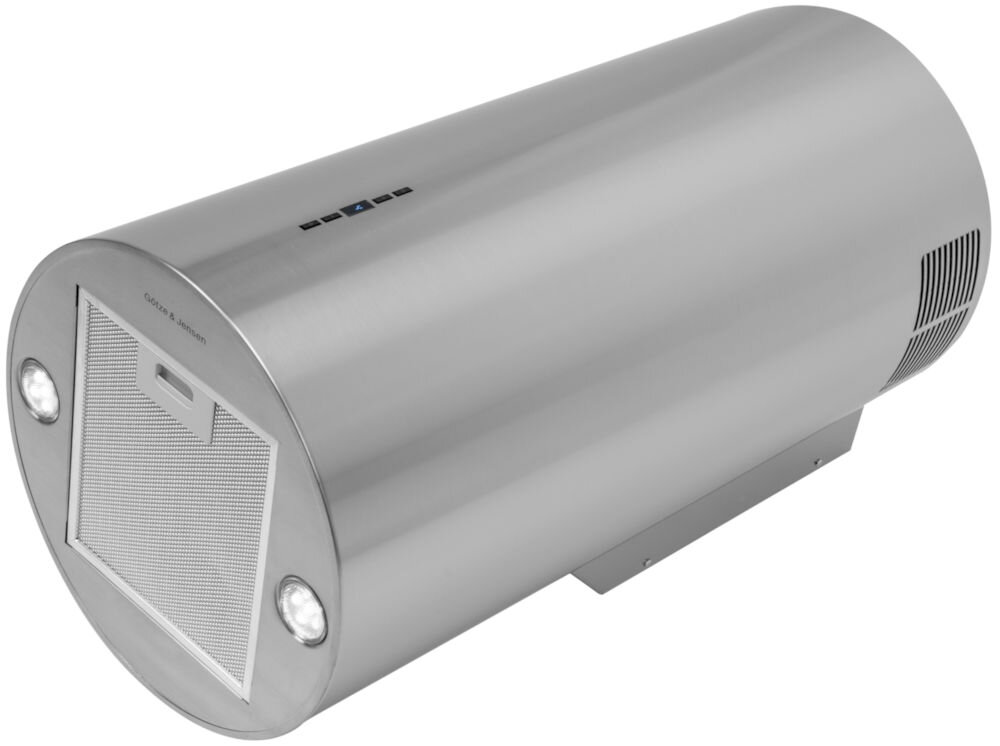 OKAP GOTZE & JENSEN WH701SS widok z boku cały okap czarny filtr 2 punkty światła kolor satynowy otwarta przestrzeń 65 db poziom dźwięku hałas elegancki funkcjonalny