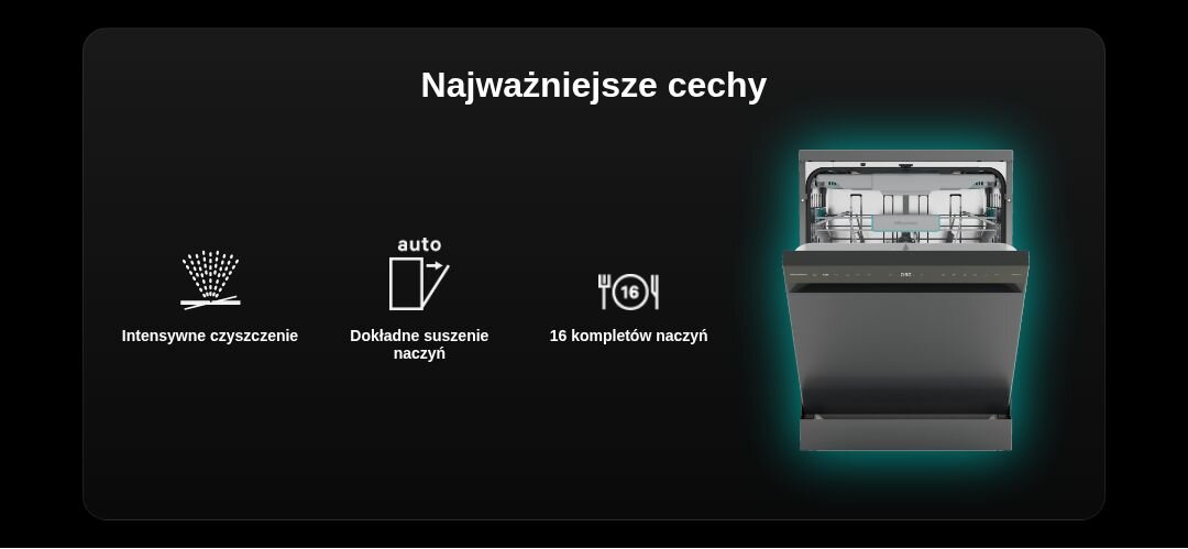 ZMYWARKA HISENSE HS663C90B Ciemna plansza z nagłówkiem „Najważniejsze cechy”, trzema ikonami: automatyczne dokładne suszenie, szybkie zmywanie w 15 minut, wydajna i cicha praca oraz po prawej zdjęcie zmywarki z podświetloną obudową