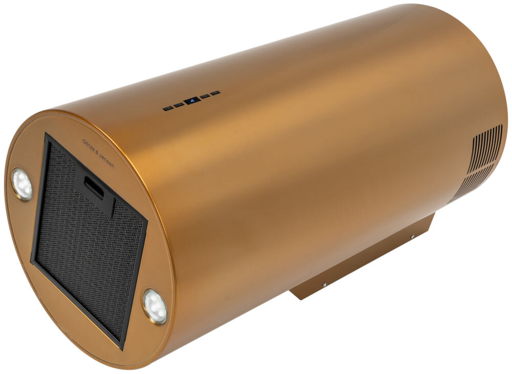 OKAP GOTZE & JENSEN WH701GS widok z boku cały okap czarny filtr 2 punkty światła kolor złoty otwarta przestrzeń 65 db poziom dźwięku hałas elegancki funkcjonalny