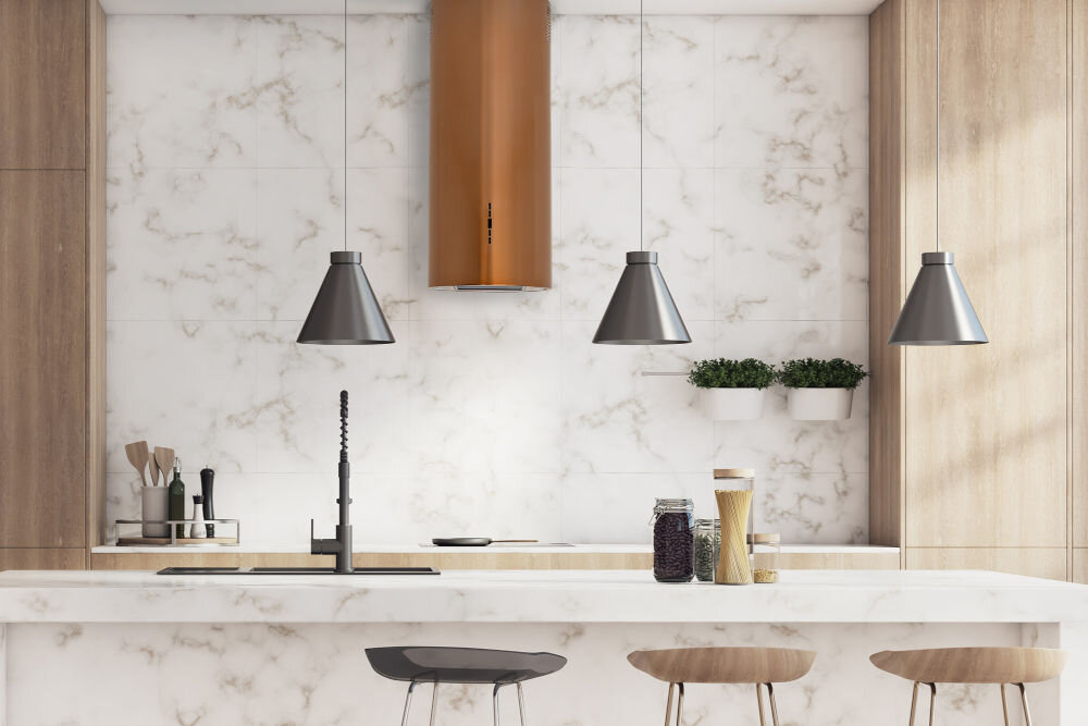 OKAP GOTZE & JENSEN WH701MS lifestyle kuchnia okap miedziany kolor wiszące lampy akcesoria kuchenne na blacie