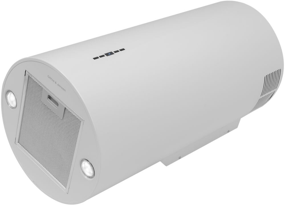 OKAP GOTZE & JENSEN WH701WS widok z boku cały okap czarny filtr 2 punkty światła kolor biały otwarta przestrzeń 65 db poziom dźwięku hałas elegancki funkcjonalny